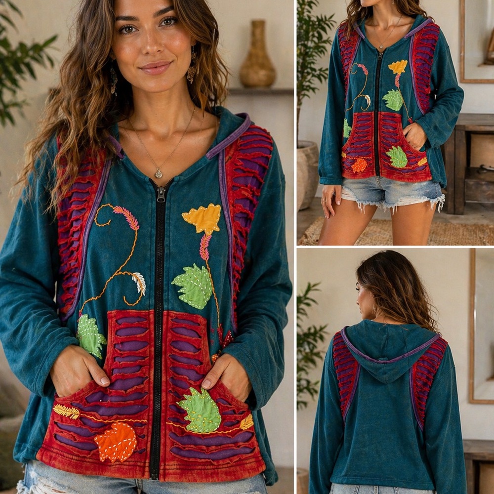Teal Floral Appliqué Zip Hoodie with Red Accent Panels
